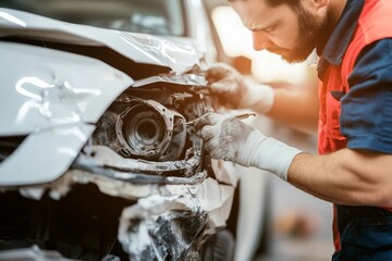 Close up of auto body repair technician fixing front end of damaged white car with tools