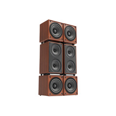 Six large speaker units are stacked on top of each other, showcasing their sleek design and inviting auditory experiences.