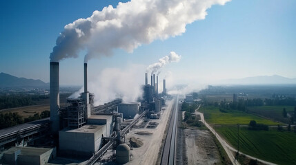 Industrial wide shot showing a cement factory&acirc;s full production line: long conveyor belts stretching across the scene, massive mixers in motion, and towering kilns enveloped in dus