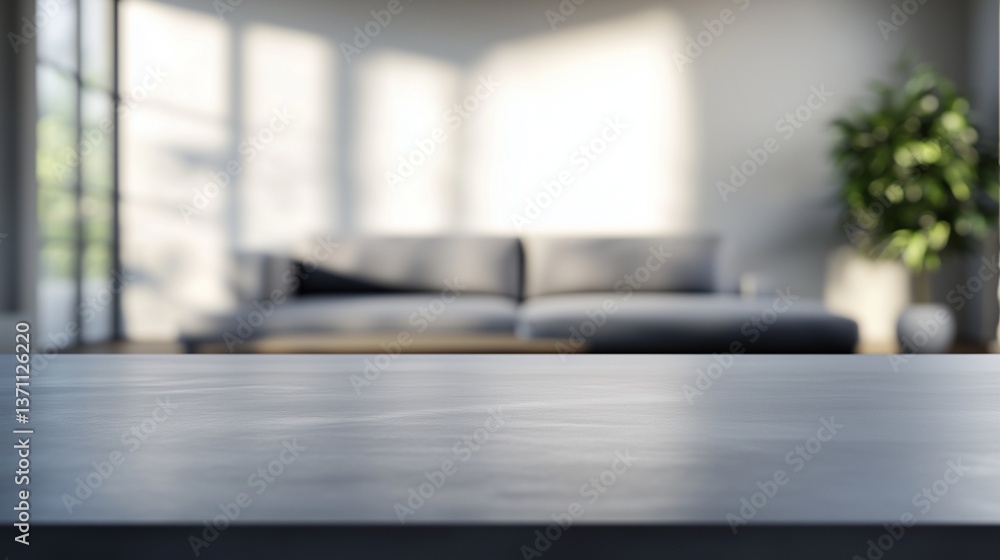 Poster an empty table in front of living room. empty tabletop space with a modern tabletop. living room wit