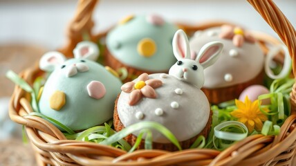 Delightful Easter treats in a woven basket featuring colorful bunny-shaped cupcakes decorated with fondant