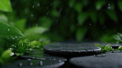Zen garden with rain droplets on dark stones and lush greenery