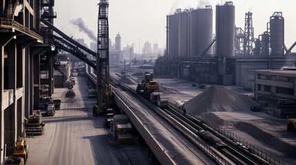Extensive wide-angle scene of a cement plant, showing dozens of conveyor belts transporting raw materials to gigantic cylindrical kilns, while rotating mixers work tirelessly
