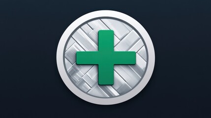 Obraz premium Green Plus Sign on Metallic Circular Background for Technology and Medical Themes