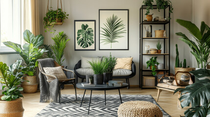 Stylish retro home staging of living room with black mock up poster frame, design furnitures, a lot of plants, shelf, carpet and elegant personal accessories. Vintage home decor. Template. 