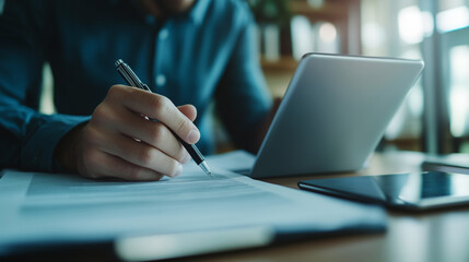 Close-up of an adult learning instructor carefully reviewing printed lesson plans, highlighting key points, while a tablet displaying a presentation slides rests on the side