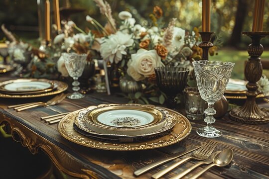 Close-up of wooden table with gold-rimmed plates, vintage glassware, and white and orange flowers, Vintage-inspired details and golden accents