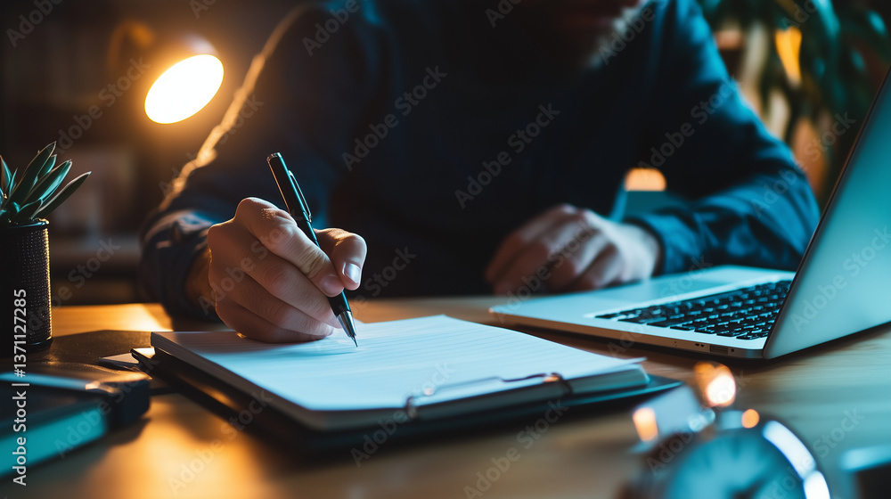 Poster scene of an adult learning instructor writing key concepts on a large notepad, laptop streaming test