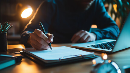 Scene of an adult learning instructor writing key concepts on a large notepad, laptop streaming test slides, ring light illuminating the desk, and a clock ticking nearby