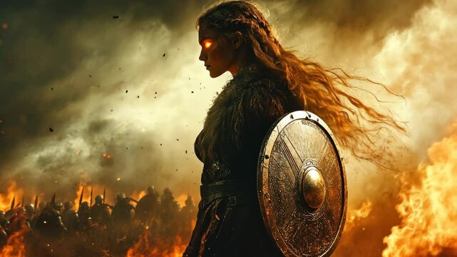 Viking shieldmaiden facing battlefield winds