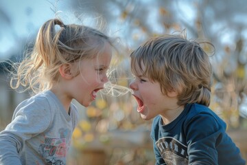 Two young siblings are arguing, both with their mouths open in a yell, The dynamic between two siblings as they argue playfully