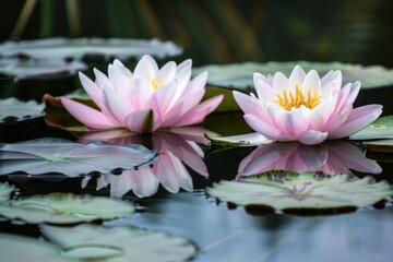 Two pink water lilies with yellow centers float serenely on a still pond, Water lilies floating peacefully on the tranquil water
