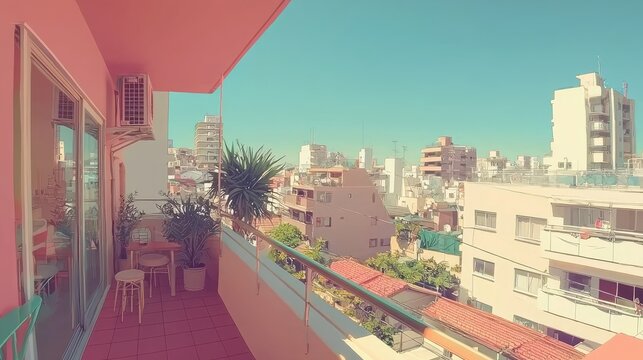 Pink balcony overlooking city, sunny day, urban view, residential area, possible for social media or travel content