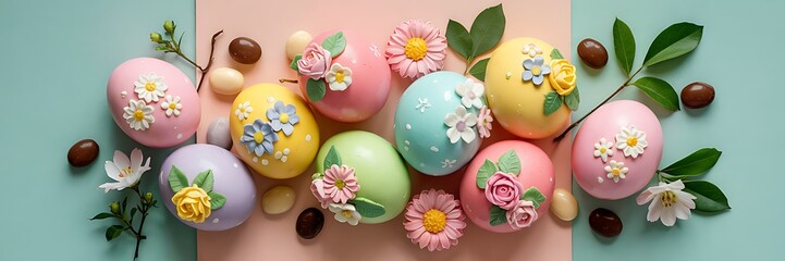 Fototapeta premium Elegant Pastel Easter Eggs Decorated with Delicate Floral Designs Arranged on Soft Peach Background with Chocolate Candies Green Leaves Spring Flowers Perfect for Easter Holiday Visuals Background