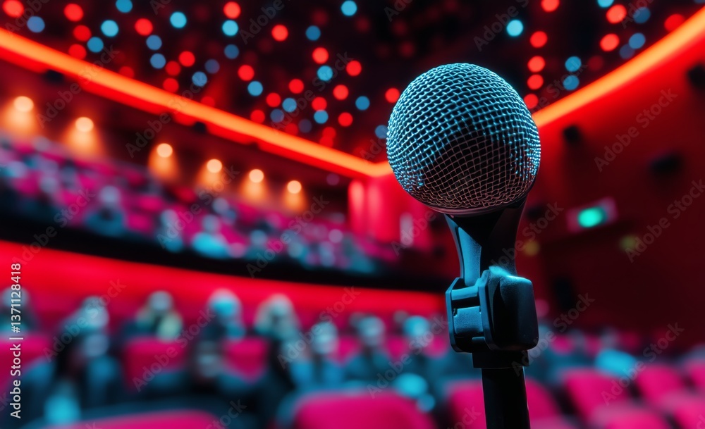 Aufkleber close-up of microphone in empty theater with red seats before performance begins
