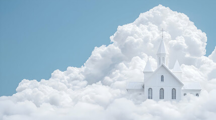 White Church Floating On Clouds In Pastel Sky