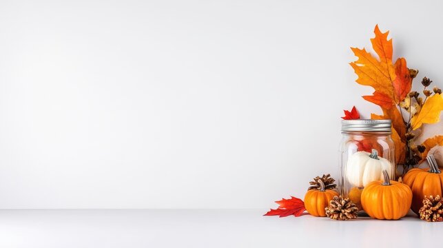 Autumnal Thanksgiving display with pumpkins, leaves, and a mason jar