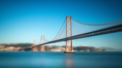 Bridge over water with blue sky. Low angle photo of a bridge. Blue and white civil engineering in the sky. A waterway spanned by a bridge beneath a blue lifestyle sky.