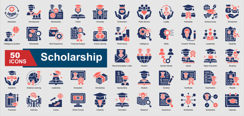 A collection of glyph color Scholarship icons. Includes tuition, university, fellowship, scholarship, leadership, and more. Perfect for illustrations and designs.