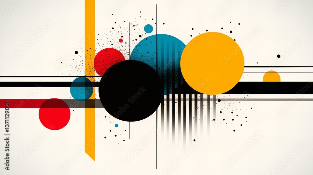 Poster abstract composition presents overlapping circles and parallel lines in contrasting colors against a