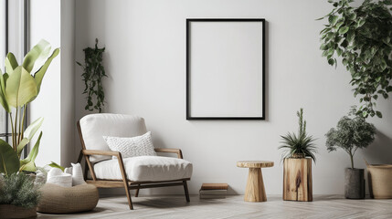 Stylish scandinavian composition of living room with design armchair, black mock up poster frame, plant, wooden stool, book, decoration, loft wall and personal accessories in modern home decor.