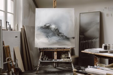 A close-up of a canvas painting on an easel in an artists studio, showcasing subtle topaz hues, Highlight the organic feel of canvas with subtle brushstrokes
