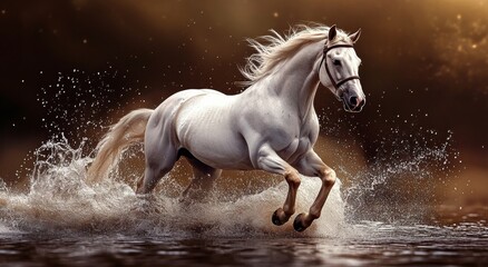 Obraz premium A stunning white horse galloping through water, creating splashes against a rich brown backdrop