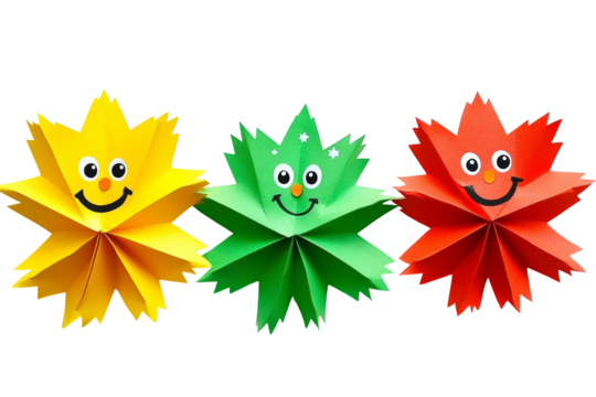 Colorful Paper Leaves with Smiling Faces in Yellow, Green, and Red Arranged Playfully for Seasonal Decoration and Craft Ideas