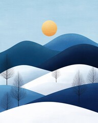 Winter Landscape Art Sunny Day Simple Illustration, Snowy Hills, Bare Trees, Blue and White Nature Scene