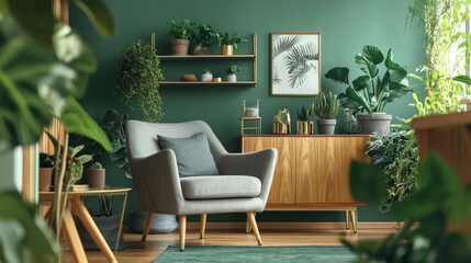 Interior design of luxury living room with stylish armchair, gold liquor cabinet, a lot of plants and elegant personal accessories. Green wall panelling with shelf. Modern home decor. Template. 