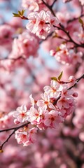 Obraz premium Cherry blossoms bloom vibrantly on branches, creating a stunning spring backdrop in a tranquil park