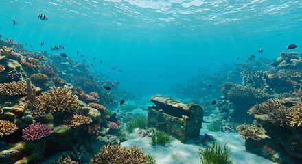 Fototapeta premium Underwater Scene Showing Treasure Chest with Coral Reef and Fish