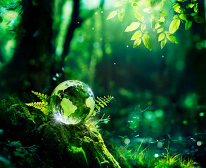 Earth Day - Environment - Glass Globe In Green Forest On Moss And Fern - Defocused Abstract Background