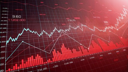 Abstract background depicting financial downturn, bankruptcy, loss, recession, crash, and economic crisis with a red stock market graph.	
