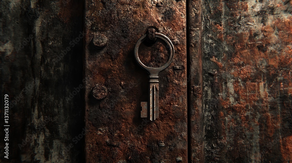 Poster rusty key hangs on weathered metallic surface.