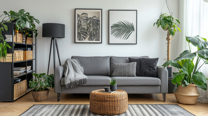 Stylish scandinavian living room interior with gray sofa, black lamp, design commode, tropical plants, sculpture, books and personal accessories. Modern home decor. Template. Rattan decoration.