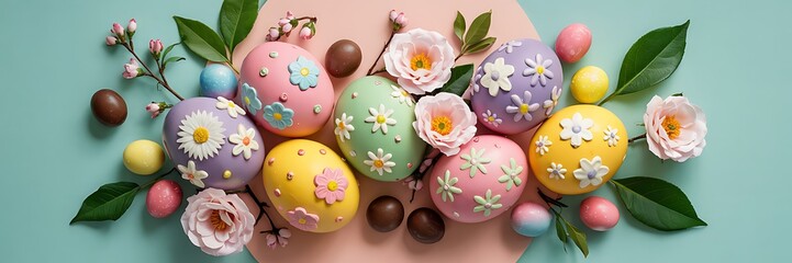 Fototapeta premium Elegant Pastel Easter Eggs Decorated with Delicate Floral Designs Arranged on Soft Peach Background with Chocolate Candies Green Leaves Spring Flowers Perfect for Easter Holiday Visuals Background