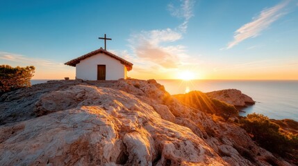A picturesque church perched on a rocky cliff with a breathtaking sunrise illuminating the sky and sea, capturing the essence of peace, spirituality, and natural beauty.