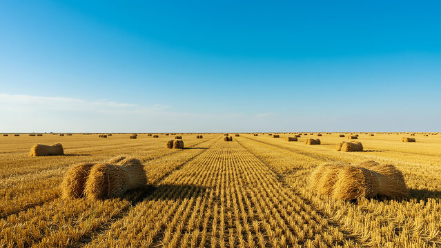 Vast Golden Fields with Freshly Cut Hay Bales Under a Clear Blue Sky