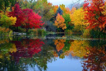 Fototapeta premium Colorful trees reflect in the calm waters of a pond, creating a beautiful autumn scene, Reflections of colorful trees in tranquil ponds