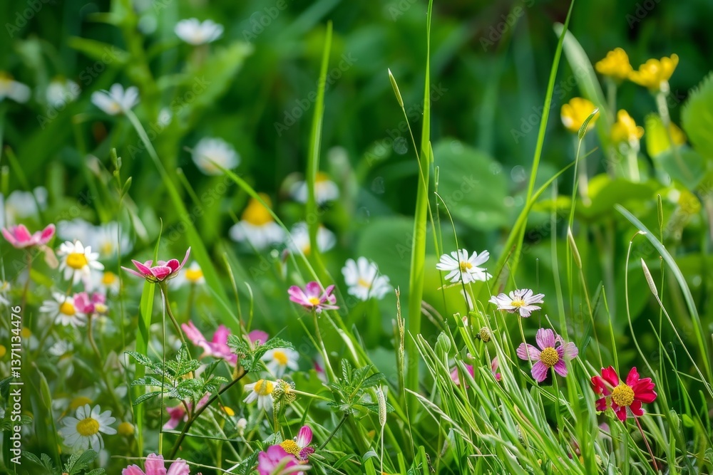 Poster a close-up view of a meadow filled with wildflowers, showcasing a vibrant display of color and textu