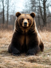 Obraz premium A large brown bear sits and looks directly at the viewer