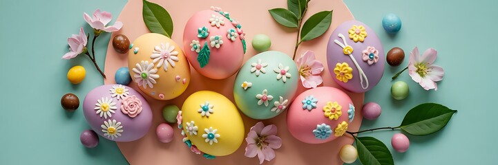 Fototapeta premium Elegant Pastel Easter Eggs Decorated with Delicate Floral Designs Arranged on Soft Peach Background with Chocolate Candies Green Leaves Spring Flowers Perfect for Easter Holiday Visuals Background