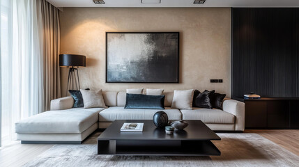 Domestic interior of living room with design modular sofa, black coffee table, lamp, decoration, art paintings, pouf, widnows and elegant personal accessories in modern home decor. Template.