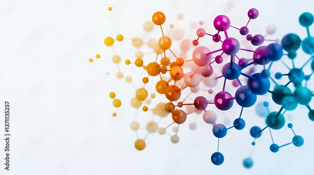 Poster abstract molecular structure with spheres and connecting lines appears on a white background, transi
