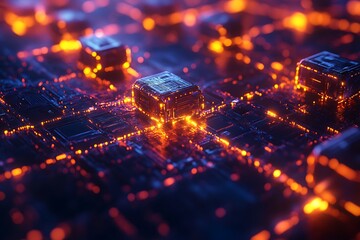 An abstract blockchain visualization with interconnected blocks, glowing chains, and digital currency symbols