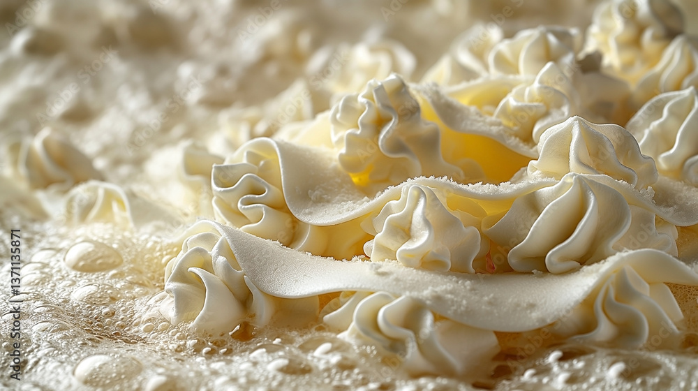 Poster close-up of delicate whipped cream swirls atop a frothy surface, creating an inviting and sweet atmo