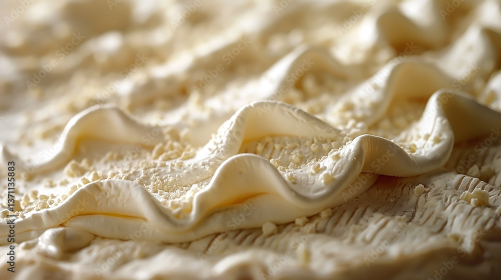 Poster close-up of creamy white frosting with a textured surface, creating elegant waves and a soft, inviti