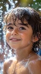 Obraz premium A young child smiles while playing in water spray