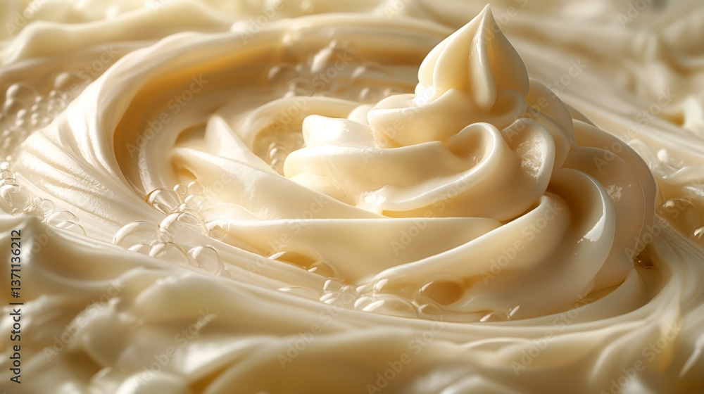 Poster a close-up of creamy vanilla frosting with a smooth swirl, inviting and luscious in texture.
